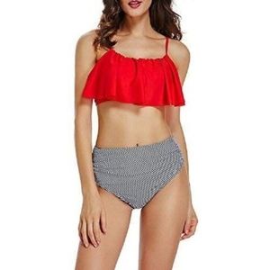 NEW Swim Suit High Waisted Two Piece Red, Black and White  sz.L NWT